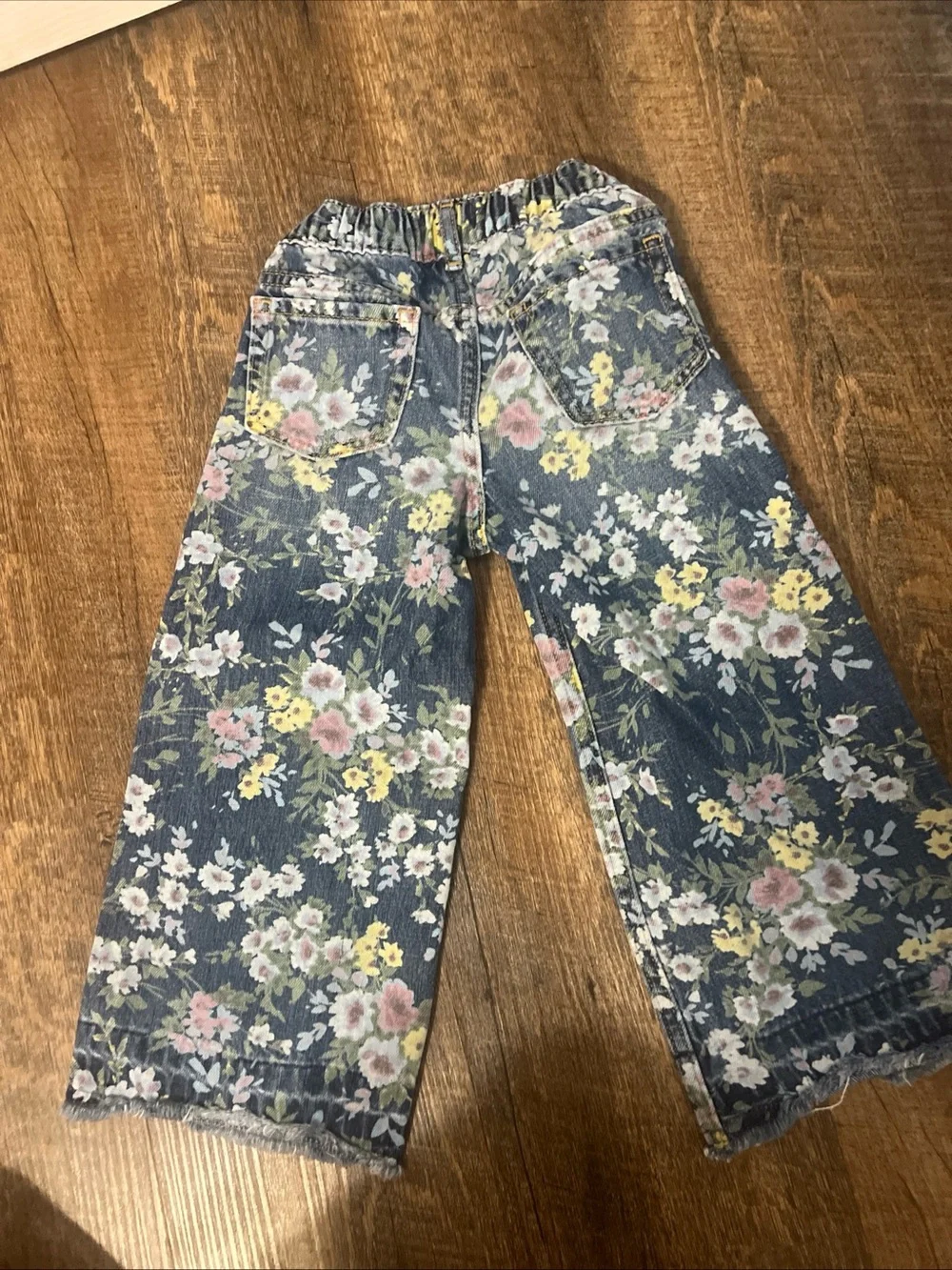 GAP Girls Floral Wide-Leg Denim Pants - Blue with Pink & Yellow Flowers